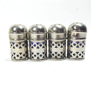 4 Pierced Silverplate Salt & Pepper Shakers England Cobalt Glass Lining